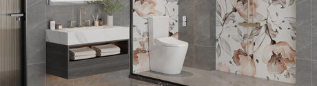 Modern bathroom with smart toilet and floral wall tiles