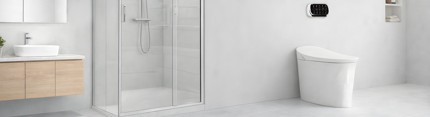 Sleek wall-hung smart toilet in leafy contemporary bathroom