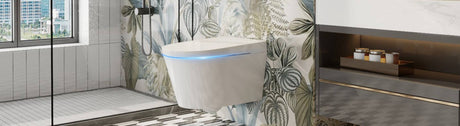 Sleek wall-hung smart toilet in leafy contemporary bathroom