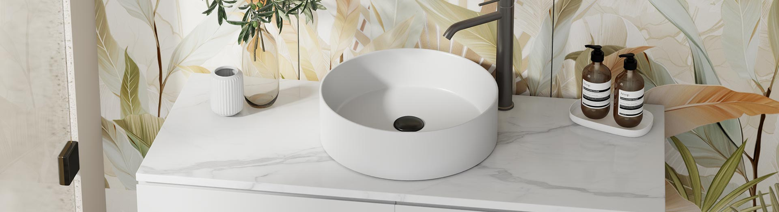 Round white basin on solid surface top