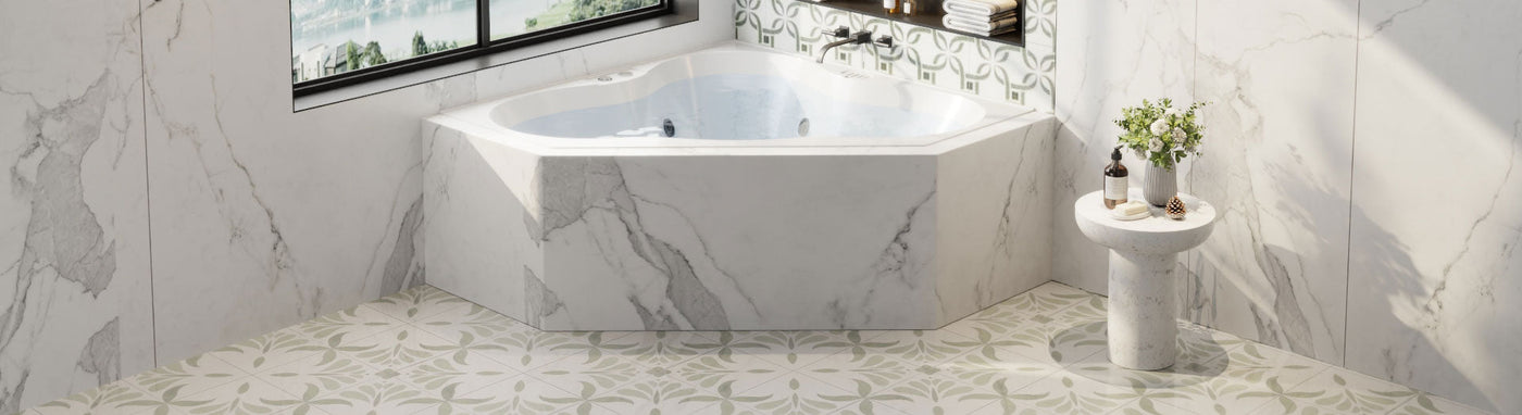 Modern corner spa bath with white marble surround