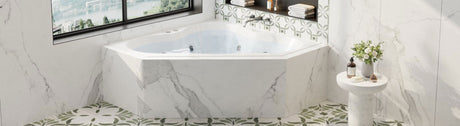 Modern corner spa bath with white marble surround