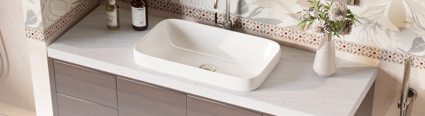 Stone vanity top with basin in contemporary bathroom setting
