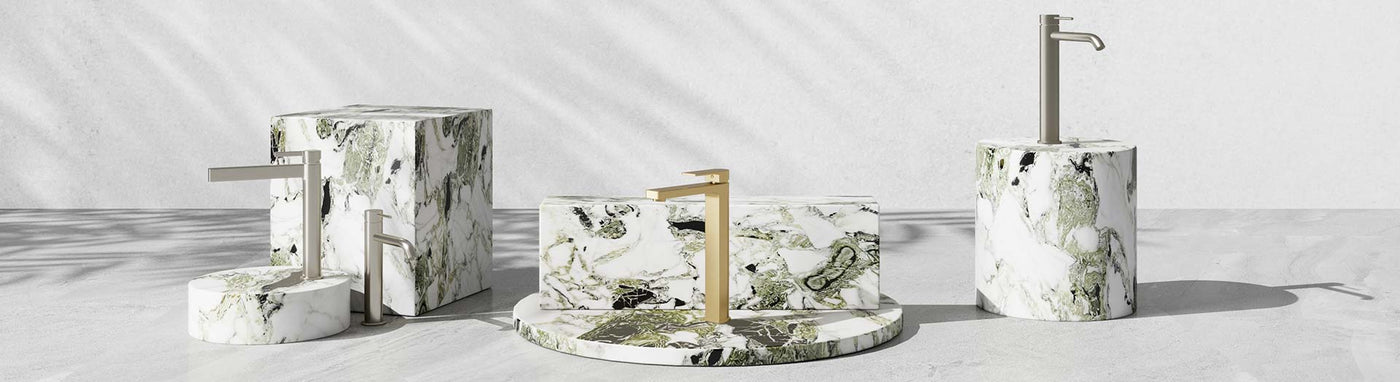 Tall basin mixer taps for vessel sinks in brushed nickel, brass and gunmetal.