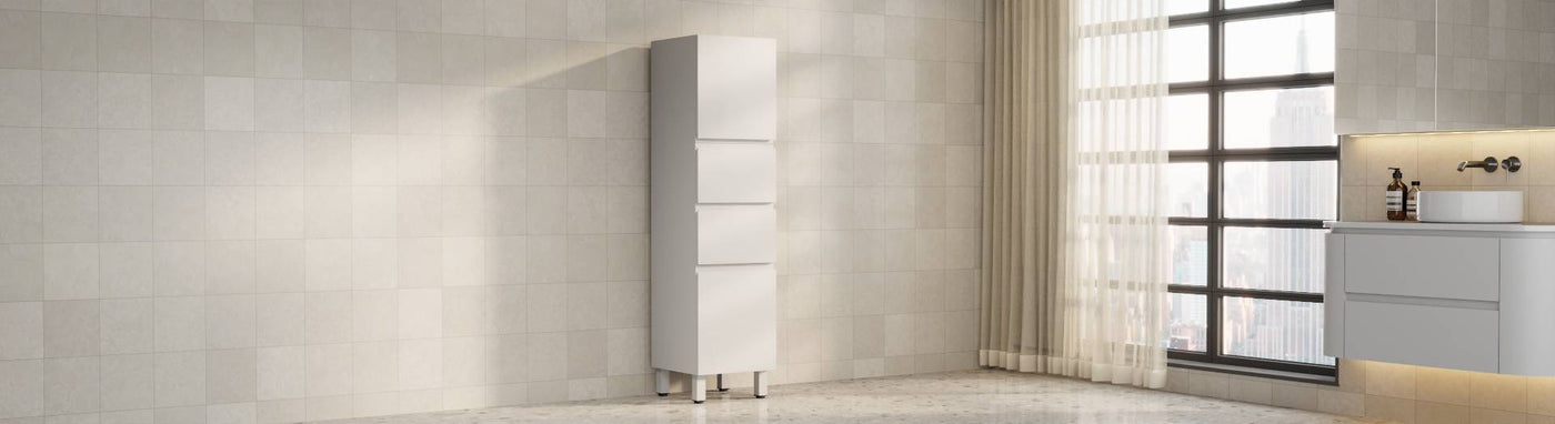 Green tall boy cabinet and wall hung vanity in modern bathroom