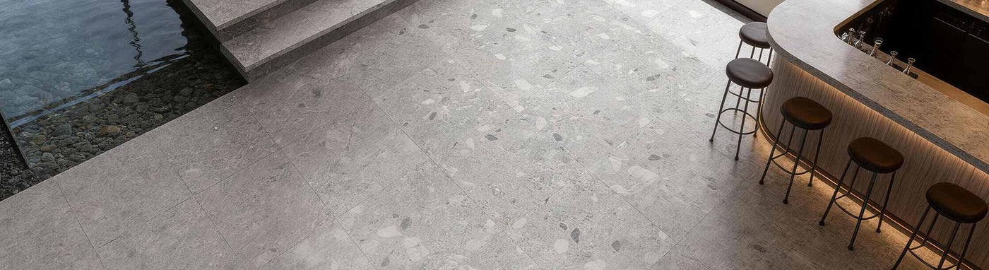 Terrazzo Look Tiles with Modern Barside Decoration