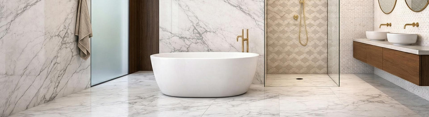 tiles in bathroom with freestanding white bathtub
