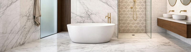 tiles in bathroom with freestanding white bathtub