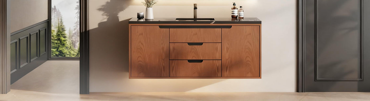 Modern timber look floating vanity with black details in a stylish bathroom.