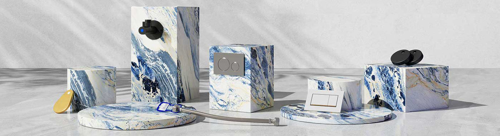 Blue marble-style toilet accessories including valves and plugs