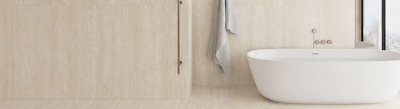 Travertine Look Tiles with Modern Bathroom Decoraton