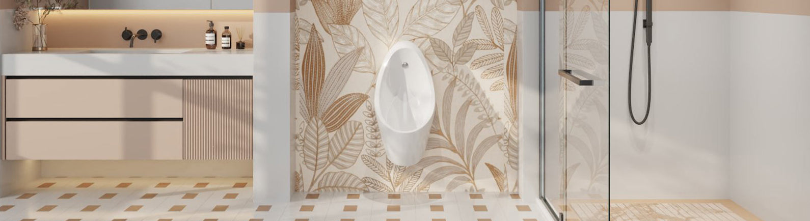 Public restroom design with wall-mounted urinal and tiled floor
