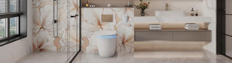 Modern wall hung smart toilet with floral wall sitting toilets