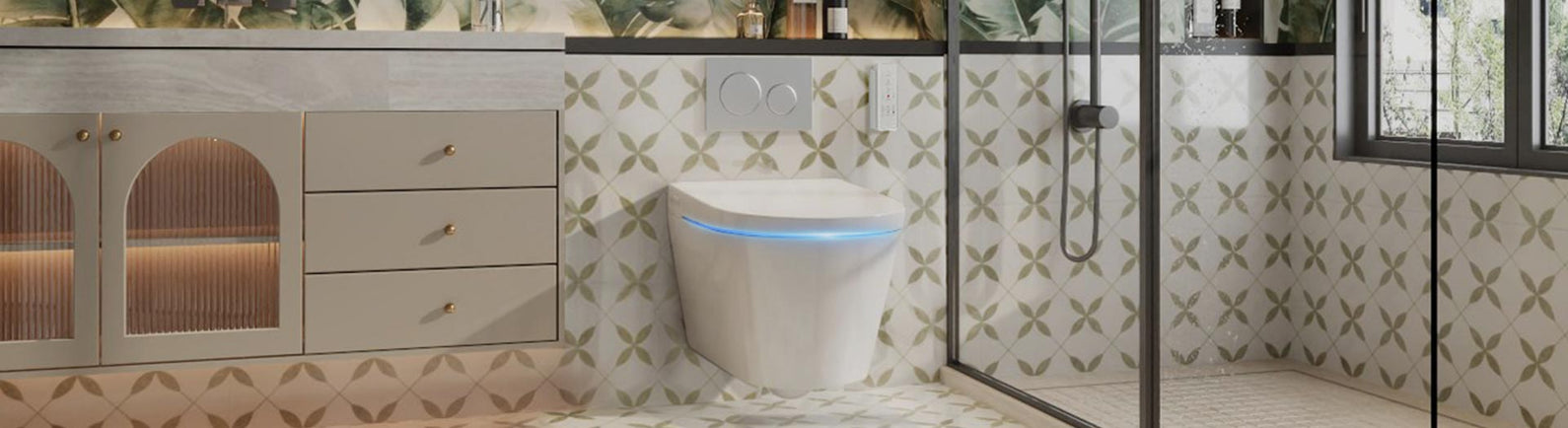 Wall hung smart toilet with concealed cistern in modern bathroom