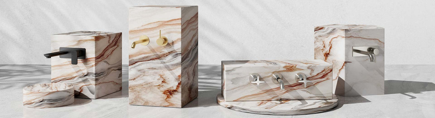 Wall-mounted tap sets—2-piece (mixer + spout) and 3-piece styles in black, brass and nickel.