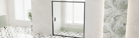Wall-to-wall sliding shower screen with matte black frame.