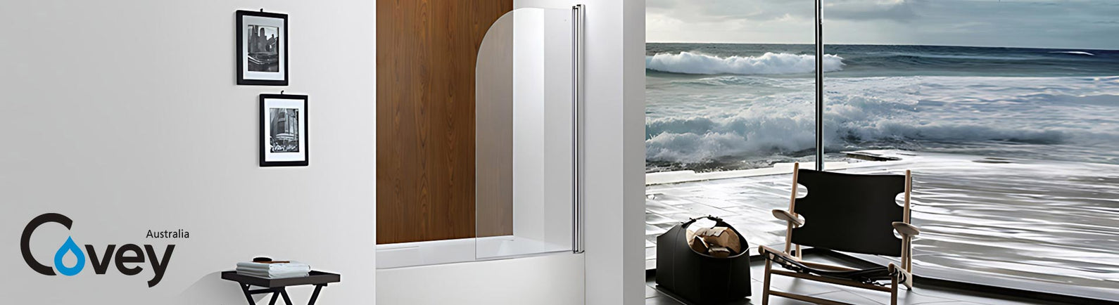 Covey frameless shower screen beside a seaside view