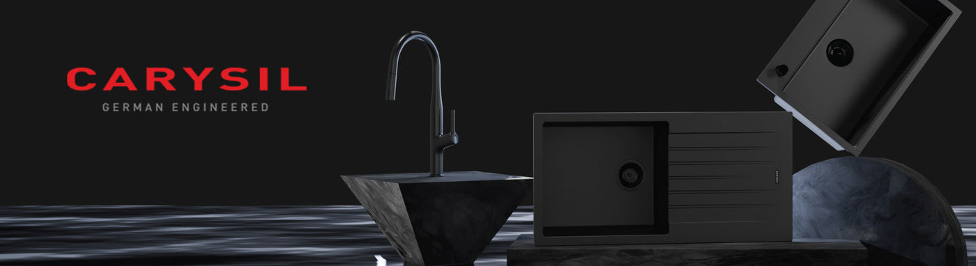 Dark-themed kitchen featuring Carysil granite sinks and tapware
