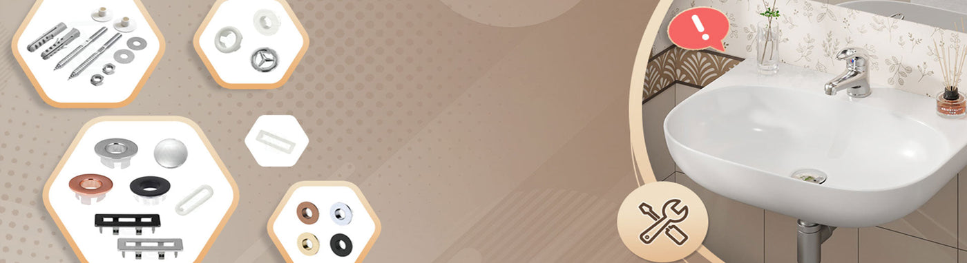 basin accessories including mounting kits, caps, and washers