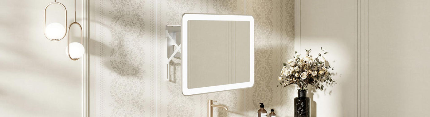 Pull-out LED bathroom mirror with a square frame and side extension bracket.