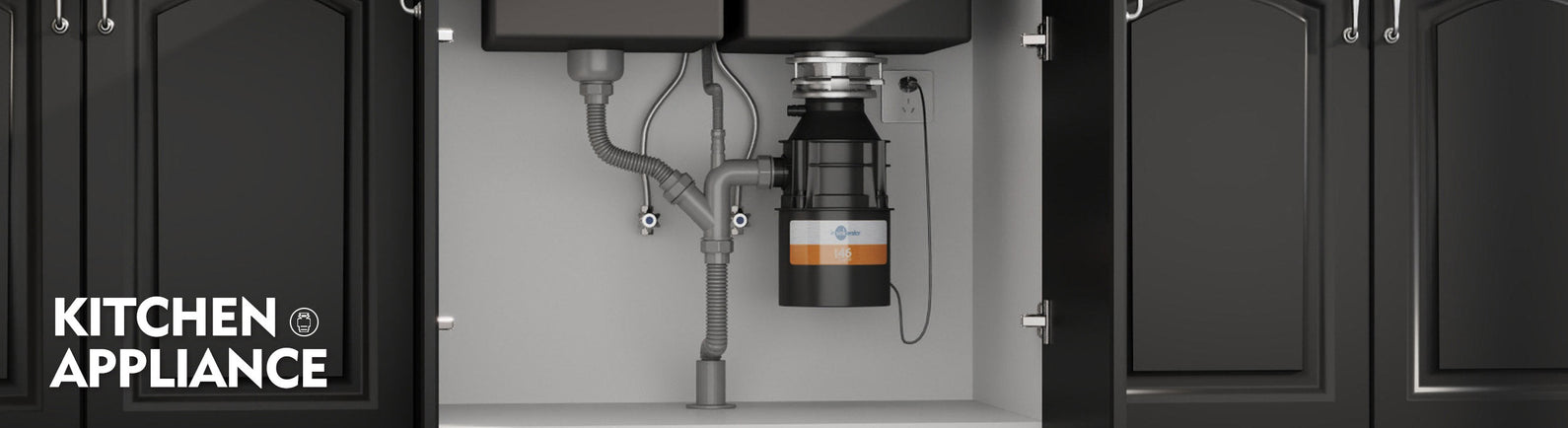 Under-sink kitchen setup with a food waste disposal unit installed, representing kitchen appliance solutions from MyHomeware.
