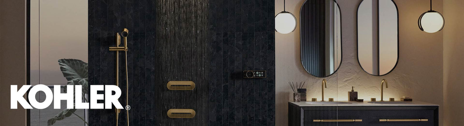 Luxury dark bathroom featuring Kohler rain shower and fittings