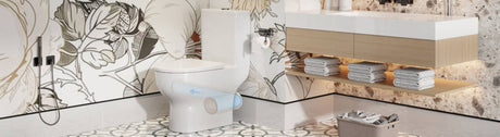 Skew toilet with floral tiles and floating vanity