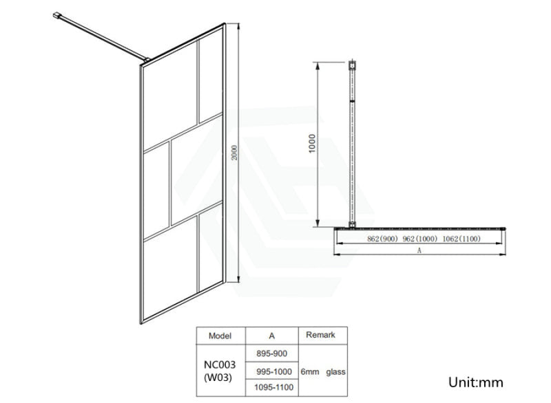 1000-1100X2000Mm Black Fully Framed Shower Screen Grid Single Door Fixed Panel Walk-In 6Mm Small