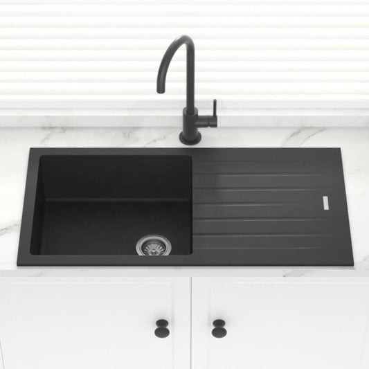 Granite Kitchen Sink Single Drain Board 1000mm Black