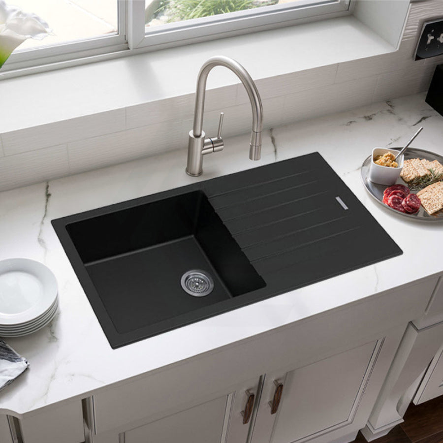 1000X500X200mm Metallic Black Quartz Granite Single Bowl Sink With Drain Board For Top/ Under Mount