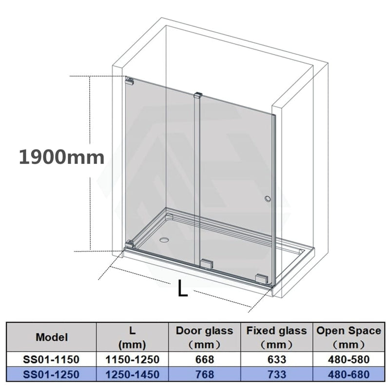 1150-1450Mm Wall To Sliding Shower Screen Frameless In-Glass Circle Cut Handle 10Mm Tempered Glass