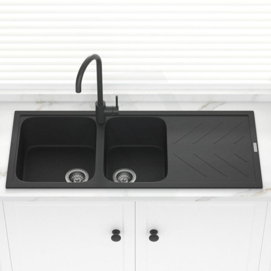 1160X500X200mm Black Granite Quartz Stone 1 And 3/4 Kitchen Laundry Sink Double Bowls Drainboard