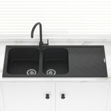 1160X500X200mm Black Granite Quartz Stone 1 And 3/4 Kitchen Laundry Sink Double Bowls Drainboard