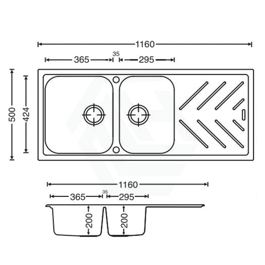 1160X500X200mm Black Granite Quartz Stone 1 And 3/4 Kitchen Laundry Sink Double Bowls Drainboard