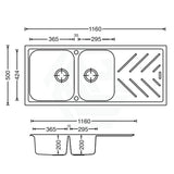 1160X500X200mm Black Granite Quartz Stone 1 And 3/4 Kitchen Laundry Sink Double Bowls Drainboard