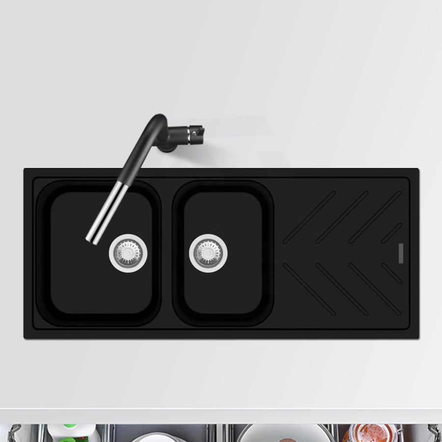 1160X500X200mm Black Granite Quartz Stone 1 And 3/4 Kitchen Laundry Sink Double Bowls Drainboard