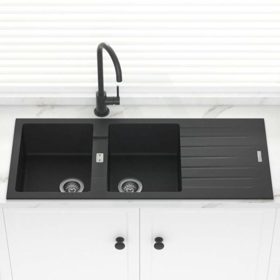 1160X500X200mm Black Granite Quartz Stone Kitchen Laundry Sink Double Bowls Drainboard Top Mount