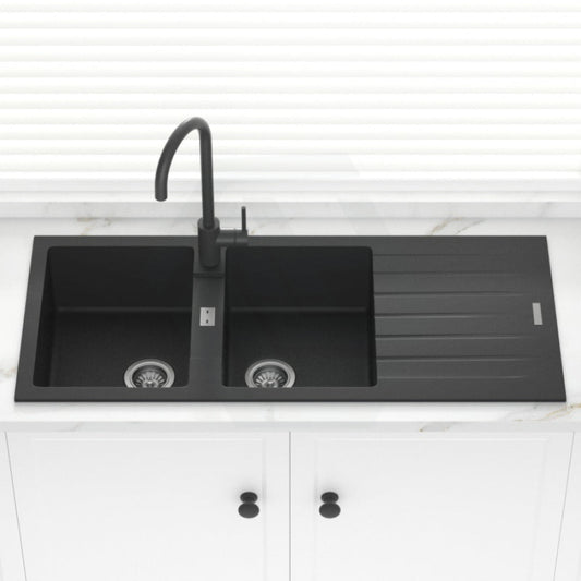 1160X500X200Mm Black Granite Quartz Stone Kitchen Laundry Sink Double Bowls Drainboard Top Mount