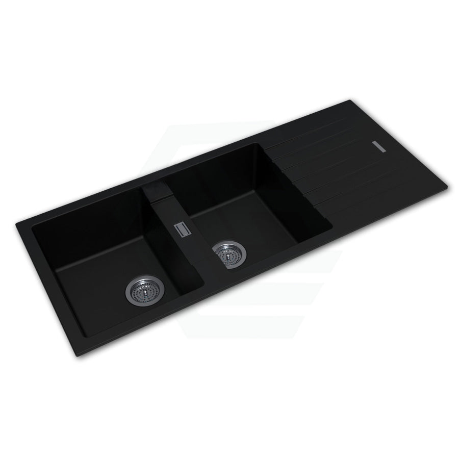 1160X500X200mm Black Granite Quartz Stone Kitchen Laundry Sink Double Bowls Drainboard Top Mount