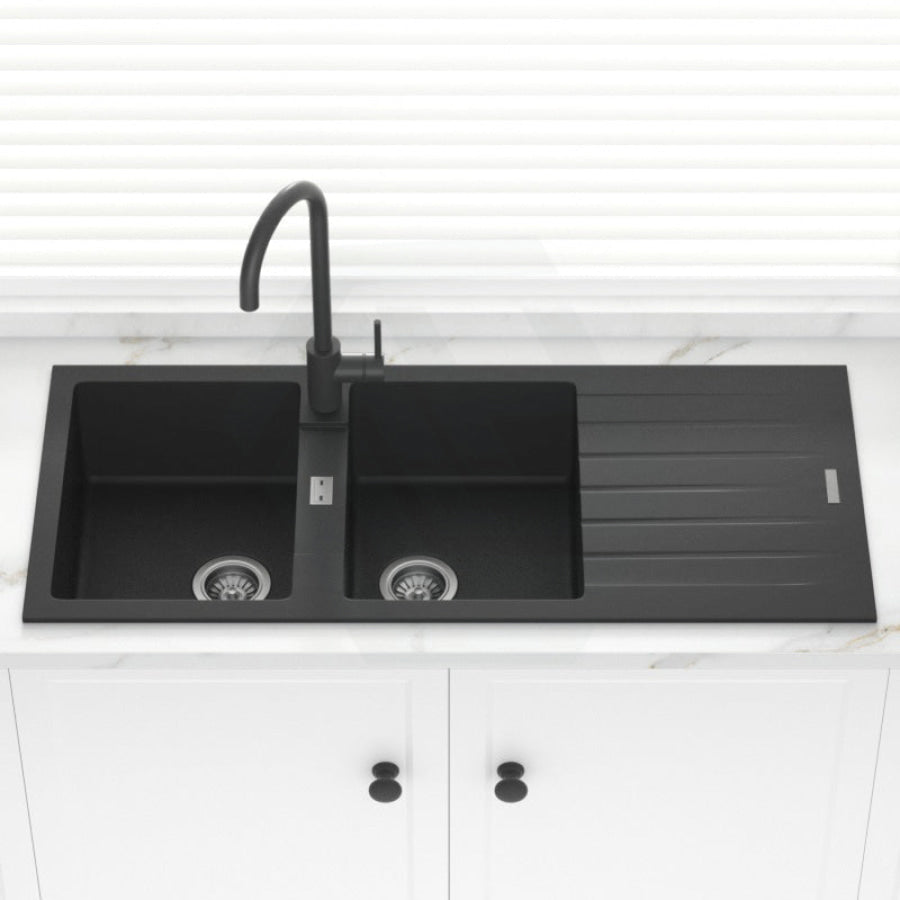 1160X500X200mm Black Granite Quartz Stone Kitchen Laundry Sink Double Bowls Drainboard Top Mount
