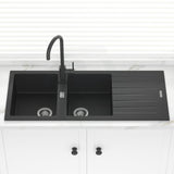 1160X500X200mm Black Granite Quartz Stone Kitchen Laundry Sink Double Bowls Drainboard Top Mount