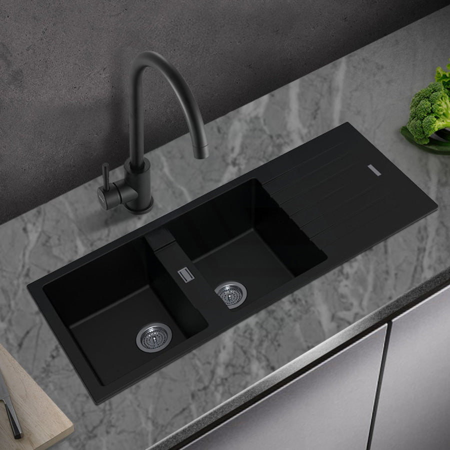 1160X500X200mm Black Granite Quartz Stone Kitchen Sink Double Bowls Drainboard Top Mount Drainer