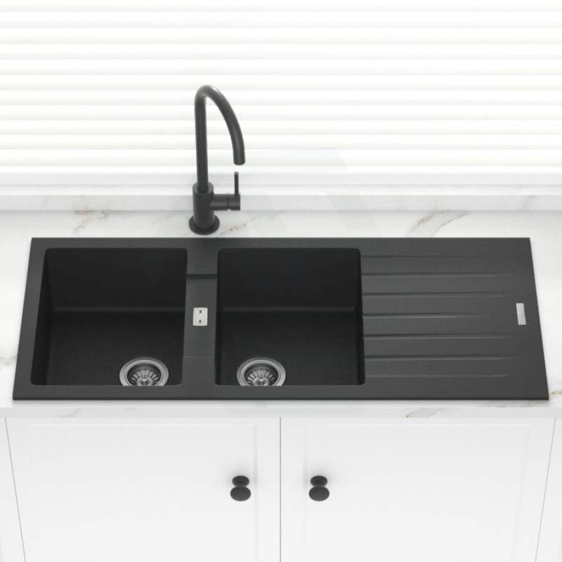 1160X500X200Mm Black Granite Quartz Stone Kitchen Laundry Sink Double Bowls Drainboard Top Mount