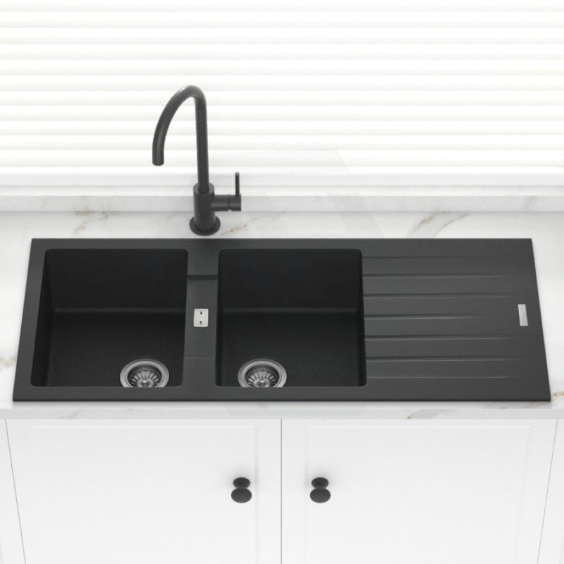 Granite Kitchen Sink Double Bowls Drainboard 1160mm Black
