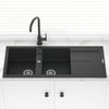 1160X500X200Mm Carysil Black Double Bowl With Drainer Board Granite Kitchen Laundry Sink Top Mount