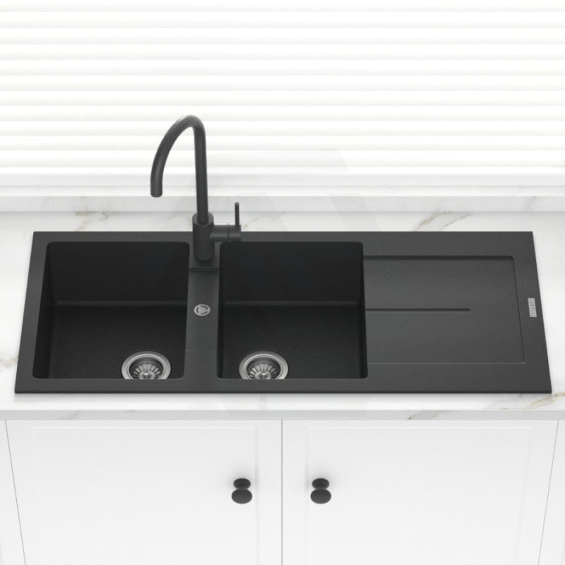 1160X500X200Mm Carysil Black Double Bowl With Drainer Board Granite Kitchen Laundry Sink Top Mount