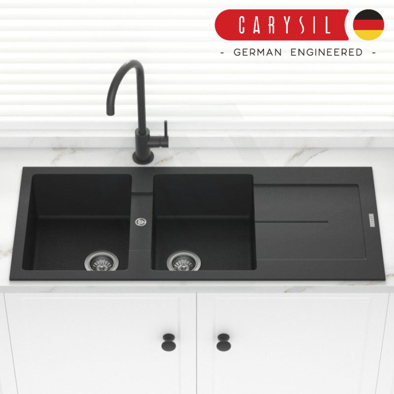Carysil Granite Kitchen Sink Double Bowls Drainer Board 1160mm Black