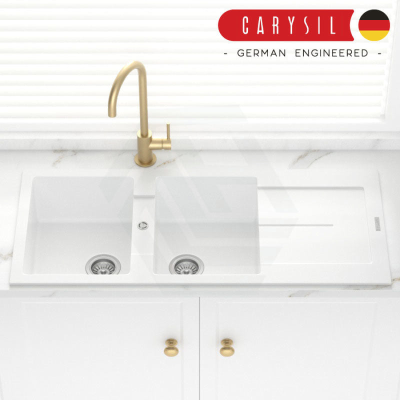 Carysil Granite Kitchen Sink Double Bowls Drainer Board 1160mm White