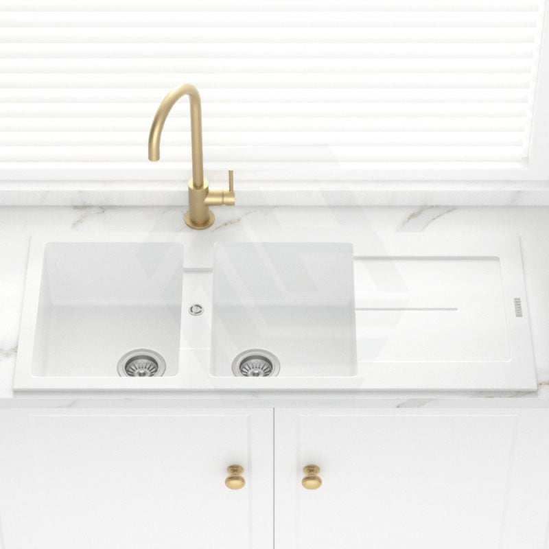 1160X500X200Mm Carysil White Double Bowls With Drainer Board Granite Kitchen Laundry Sink Top Mount