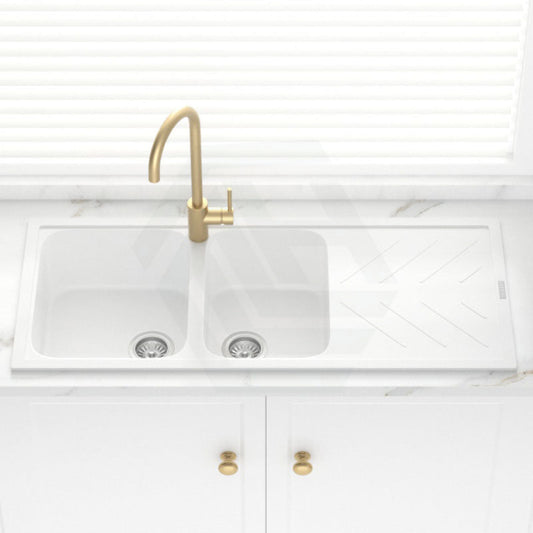 1160X500X200Mm White Granite Quartz Stone 1 And 3/4 Kitchen Laundry Sink Double Bowls Drainboard